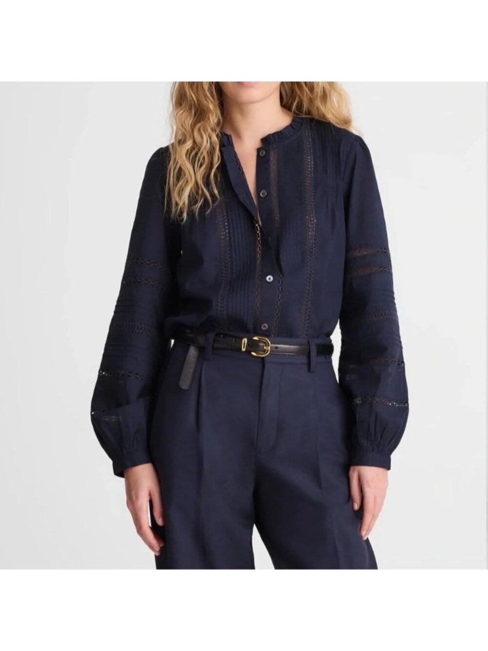 NWT Madewell Lace-Insert High-Neck Pintuck Top Sz XL Navy Blouse Ruffle Feminine